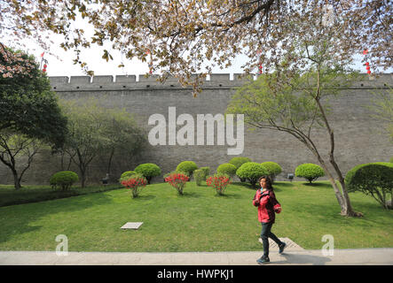 Xi'an, province du Shaanxi en Chine. Mar 22, 2017. Une femme marche à l'Huancheng Park à Xi'an, capitale de la Province chinoise de Shaanxi nord-ouest, le 22 mars 2017. Shao Crédit : Rui/Xinhua/Alamy Live News Banque D'Images