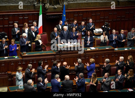 Rome. Mar 22, 2017. Photo prise le 22 mars 2017 présente le la cérémonie de célébration du soixantième anniversaire du Traité de Rome à la Chambre des Députés italienne à Rome, Italie. Les législateurs italiens se sont réunis à la Chambre des députés, mercredi, pour célébrer le soixantième anniversaire du Traité de Rome, qui a déclenché le processus d'intégration de l'ensemble en 1957. Credit : Jin Yu/Xinhua/Alamy Live News Banque D'Images