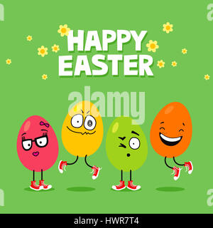 Les œufs de pâques avec drôle de visage expressions. Carte de vœux de Pâques dessin animé Banque D'Images