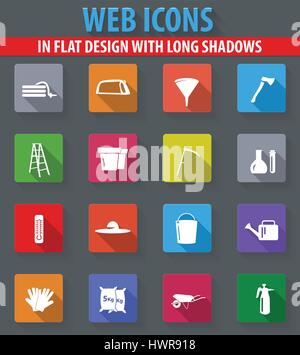 Collection d'outils de jardinage en icônes web design plat avec de longues ombres Illustration de Vecteur