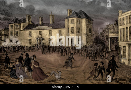 Newport en hausse, 4 novembre 1839. Les chartistes et sympathisants ont marché sur la ville de Newport, Pays de Galles, (Monmouthshire) pour libérer d'autres chartistes qui avaient été faits prisonniers dans le Westgate Hotel. La révolte menée par John Frost, 25 mai 1784 - 27 juillet 1877. Le chartisme : mouvement de réformes politiques et sociales au Royaume-Uni pendant la mi- 19ème siècle qui visait à étendre le droit de vote et de démocratiser le système politique. Banque D'Images