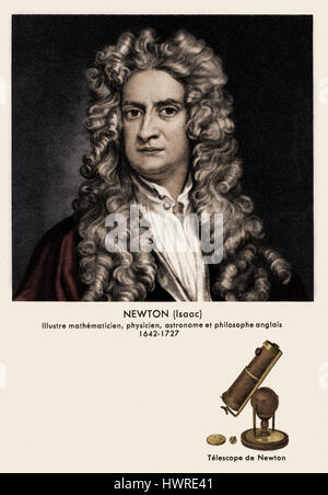 Isaac Newton, portrait. Anglais, mathématicien, physicien, astronome et philosophe, 25 décembre 1642 - 20 mars 1727 - Le télescope de Newton aussi indiquée. Banque D'Images