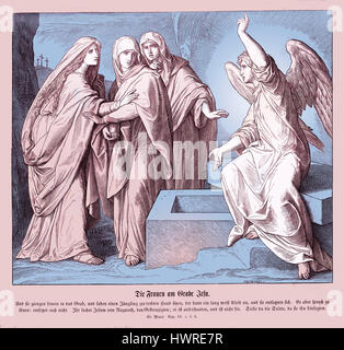 Les femmes au tombeau de Jésus, l'Évangile de Marc Chapitre XVI versets 5 - 6 'et entrer dans le sépulcre, elles virent un jeune homme assis du côté droit, vêtu d'un long vêtement blanc ; et ils furent effrayés. Et il leur dit : ne pas être effrayé : vous cherchez Jésus de Nazareth, qui a été crucifié ; il est ressuscité." illustration 1852-60 par Julius Schnorr von Carolsfeld Banque D'Images