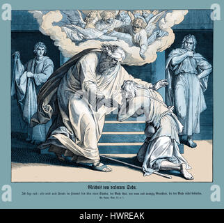 Parabole du fils prodigue, l'Évangile de Luc Chapitre XV verset 7 "De même, je vous le dis, la joie est dans le ciel pour un seul pécheur qui se repent, plus que pour quatre-vingt-dix-neuf justes qui n'ont pas besoin de repentir." illustration 1852-60 par Julius Schnorr von Carolsfeld Banque D'Images