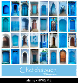 Collage de vieilles portes bleu de Chefchaouen, Maroc. Grand ensemble de photo Banque D'Images