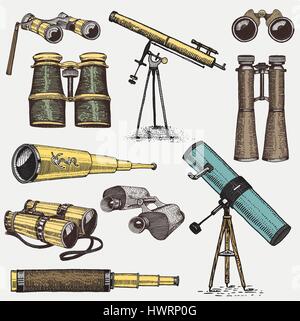 Ensemble d'instruments astronomiques, jumelles, télescopes oculaires et quadrant, sextant gravé en bois faites à la main ou vintage style coupe , vieux sketch verres Illustration de Vecteur