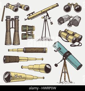 Ensemble d'instruments astronomiques, jumelles, télescopes oculaires et quadrant, sextant gravé en bois faites à la main ou vintage style coupe , vieux sketch verres Illustration de Vecteur