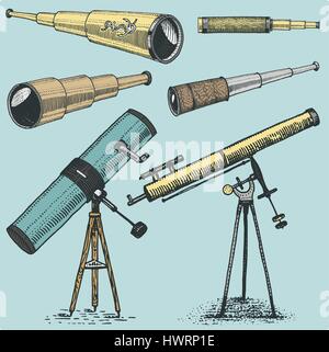 Ensemble d'instruments astronomiques, jumelles, télescopes oculaires et quadrant, sextant gravé en bois faites à la main ou vintage style coupe , vieux sketch verres Illustration de Vecteur