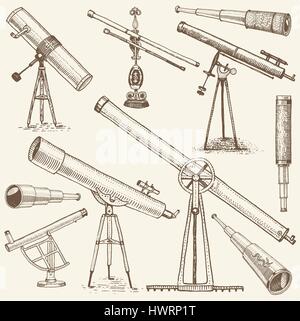 Ensemble d'instruments astronomiques, jumelles, télescopes oculaires et quadrant, sextant gravé en bois faites à la main ou vintage style coupe , vieux sketch verres Illustration de Vecteur