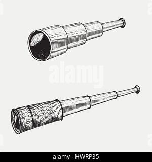 Télescope astronomique, vintage, gravé à la main au croquis ou de bois coupé, de style ancien instrument subsidaire rétro pour explorer et découvrir Illustration de Vecteur