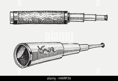 Télescope astronomique, vintage, gravé à la main au croquis ou de bois coupé, de style ancien instrument subsidaire rétro pour explorer et découvrir Illustration de Vecteur