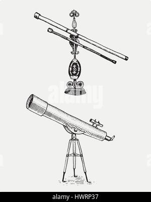 Télescope astronomique, vintage, gravé à la main au croquis ou de bois coupé, de style ancien instrument subsidaire rétro pour explorer et découvrir Illustration de Vecteur