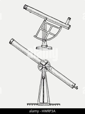 Télescope astronomique, vintage, gravé à la main au croquis ou de bois coupé, de style ancien instrument subsidaire rétro pour explorer et découvrir Illustration de Vecteur