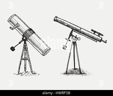 Télescope astronomique, vintage, gravé à la main au croquis ou de bois coupé, de style ancien instrument subsidaire rétro pour explorer et découvrir Illustration de Vecteur