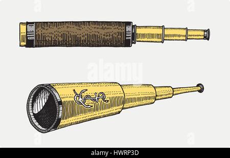 Télescope astronomique, vintage, gravé à la main au croquis ou de bois coupé, de style ancien instrument subsidaire rétro pour explorer et découvrir Illustration de Vecteur