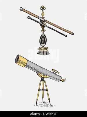 Télescope astronomique, vintage, gravé à la main au croquis ou de bois coupé, de style ancien instrument subsidaire rétro pour explorer et découvrir Illustration de Vecteur