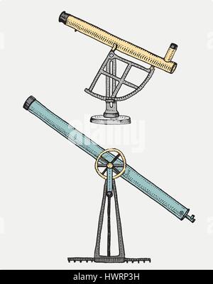 Télescope astronomique, vintage, gravé à la main au croquis ou de bois coupé, de style ancien instrument subsidaire rétro pour explorer et découvrir Illustration de Vecteur