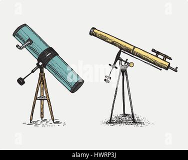 Télescope astronomique, vintage, gravé à la main au croquis ou de bois coupé, de style ancien instrument subsidaire rétro pour explorer et découvrir Illustration de Vecteur