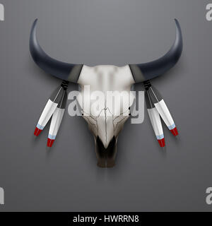 Skull Bull avec des plumes. Totem indien. Illustration des animaux sur fond sombre. Banque D'Images