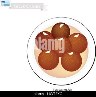 La cuisine grecque, Loukoumades ou traditionnelles boules Dessert Topping de sirop et d'amande. L'un des desserts les plus populaires en Grèce. Illustration de Vecteur