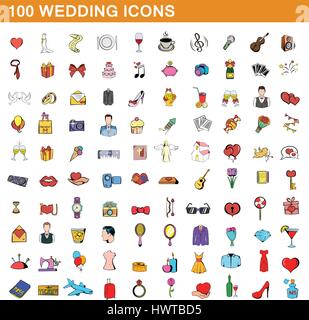 100 icônes de mariage, style cartoon Illustration de Vecteur