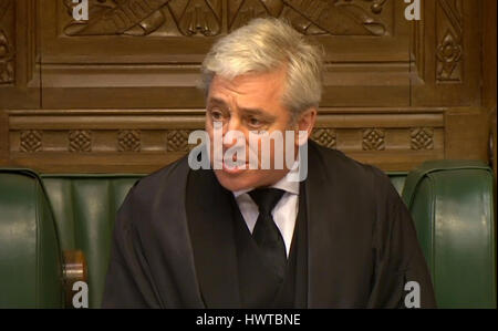 Président de la Chambre des communes John Bercow parle à la Chambre des communes après que le premier ministre Theresa peut fait une déclaration à la suite de l'attaque terroriste d'hier sur le Palais de Westminster. Banque D'Images