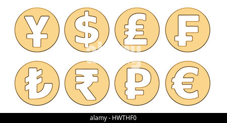 Symboles de devises d'or, rendu 3D isolé sur fond blanc Banque D'Images