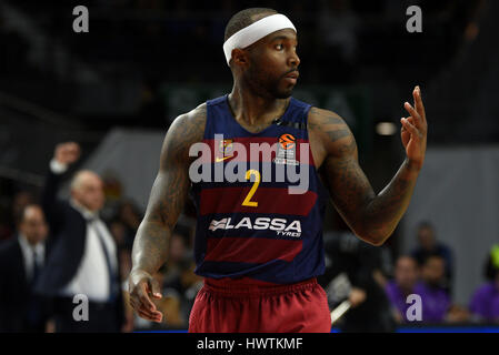 Madrid, Espagne. Mar 23, 2017. Tyrese Rice, # 2 du FC Barcelone au cours de la gestuelle de Lassa Euroligue de basket-ball match entre le Real Madrid et le FC Barcelone dans WiZink Lassa au centre de Madrid. Credit : Jorge Sanz/Pacific Press/Alamy Live News Banque D'Images