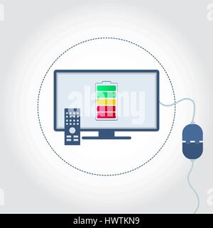 Plat avec un bouchon branché et symbole de la batterie sur le moniteur montrant le niveau de charge. Illustration de Vecteur