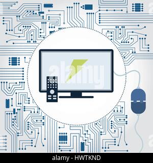 Circuit électronique arrière-plan. Plat avec un bouchon branché et symbole d'éclair sur le moniteur. Illustration de Vecteur