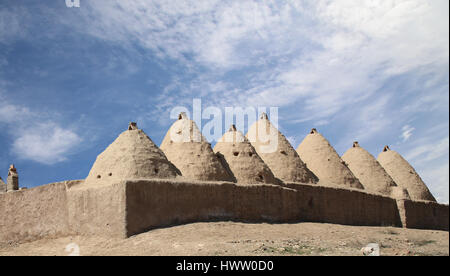 Les fours traditionnels en briques de boue,maisons du désert situé à Harran, Urfa- Turquie. Les bâtiments traditionnels en briques de boue recouvert de toits en dôme et construit f Banque D'Images