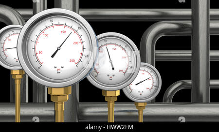 3d illustration de manomètres et pipes sur fond noir Banque D'Images