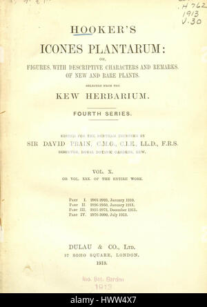*Hooker's icones Plantarum* volume 30, publié en 1913, est un ouvrage botanique qui comprend des illustrations détaillées de diverses espèces végétales. Il fait partie de la collection plus vaste documentant la diversité végétale à travers le monde. Banque D'Images