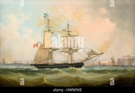 Cette image représente un brick marchand, un type de voilier, naviguant sur les routes maritimes achalandées du canal de Douvres, un passage clé pour le commerce entre l'Angleterre et l'Europe continentale. Il illustre l'importance du commerce maritime dans l'histoire. Banque D'Images