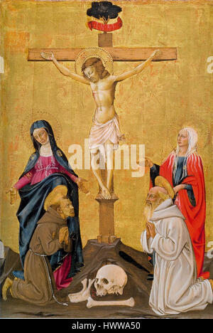 Une peinture d'Apollonio di Giovanni intitulée « Christ crucifié entre la Vierge et les saints Marie-Madeleine, François et Benoît », créée vers 1450. L'œuvre, conservée dans une collection privée, reflète l'iconographie religieuse du début de la Renaissance et sa représentation de figures chrétiennes. Banque D'Images