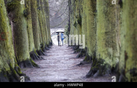 Hambourg, Allemagne. Mar 19, 2017. Deux personnes à pied à travers le parc Baurs sous un parapluie sous la pluie dans le quartier de Blankenese à Hambourg, Allemagne, 19 mars 2017. Photo : Christian Charisius/dpa/Alamy Live News Banque D'Images