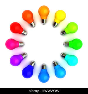 3d illustration d'ampoules colorées circle over white background Banque D'Images