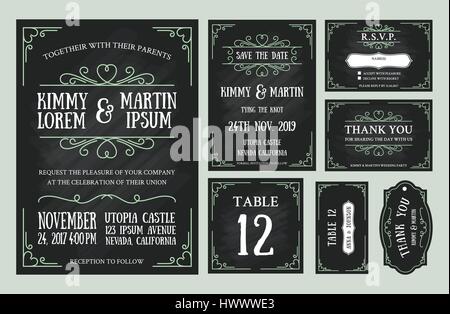 Invitation de mariage vintage design tableau fixe : carte d'Invitation, réservez cette date, RSVP card, carte de remerciement, numéro de Table, étiquettes cadeaux, Place ca Illustration de Vecteur