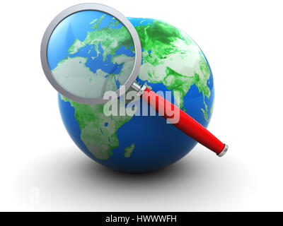 Illustration 3d de la terre et de magnifier le verre, sur fond blanc Banque D'Images