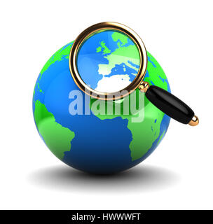 Abstract 3d illustration du globe de la terre et de magnifier le verre, sur fond blanc Banque D'Images