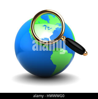 Abstract 3d illustration du globe de la terre avec un zoom sur le verre, sur fond blanc Banque D'Images