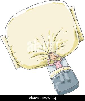 Un dessin de l'homme dans son pyjama couché dans un lit et dormir avec sa tête reposant sur un géant, immense oreiller soft. Illustration de Vecteur