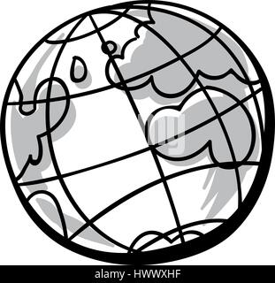 Un petit dessin animé en noir et blanc, icône en forme de globe. Illustration de Vecteur