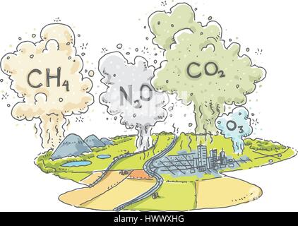 Un dessin de paysage avec des nuages de gaz à effet de serre tels que le méthane, l'oxyde de carbone, du dioxyde de carbone et l'ozone, l'augmentation dans l'atmosphère. Illustration de Vecteur