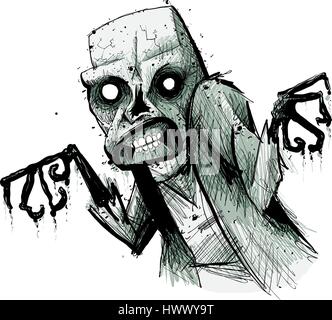 Une faim, spooky, caricature zombie menaçant et en décomposition. Illustration de Vecteur