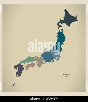 Carte moderne - le Japon avec les régions JP Illustration de Vecteur