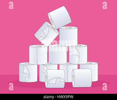 Une illustration d'une pile de papier toilette blanc et doux en pyramide sur un fond rose vif Banque D'Images