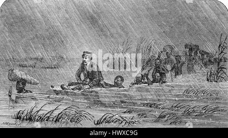 David Livingstone, le 19 mars 1813 - 1 mai 1873, était un missionnaire écossais et un explorateur de l'Afrique, traverse une rivière d'Afrique, la reproduction d'une image, gravure sur bois de l'année 1881, l'amélioration numérique Banque D'Images