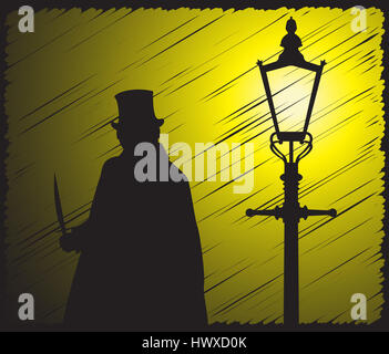 Un grunged silhouette de Jack the Ripper avec un couteau à la lumière d'une lampe de rue Banque D'Images