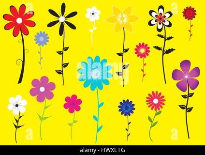 Un ensemble d'illustration de fleurs colorées sur fond jaune Illustration de Vecteur